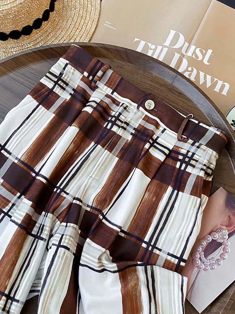 Women's French Vintage Brown Plaid Wide Leg Pants High Waist Thick Straight Trousers