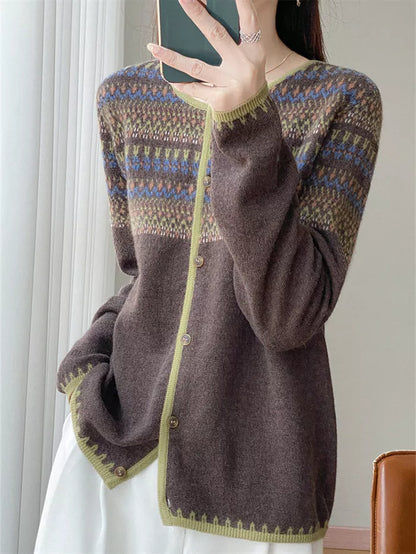 Women's Vintage Ethnic Style Wool Beige Geometric Pattern Crew Neck Cardigan