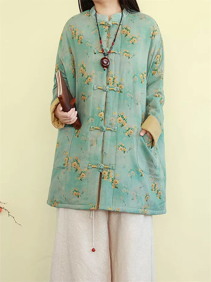 Women's Vintage Chinese Style Floral Padded Coat with Frog Buttons