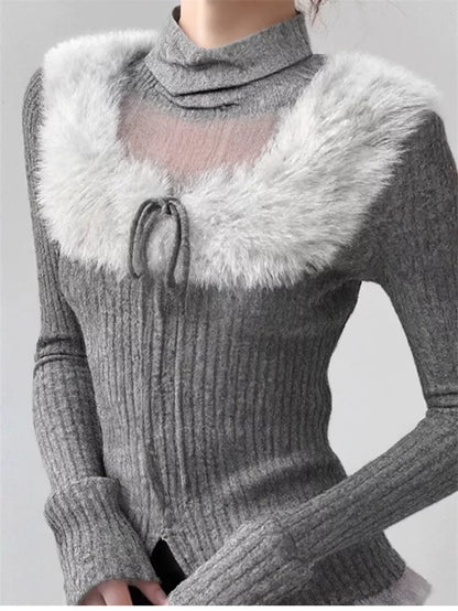 Women's Grey Faux Fur Collar Ribbed Knit Top