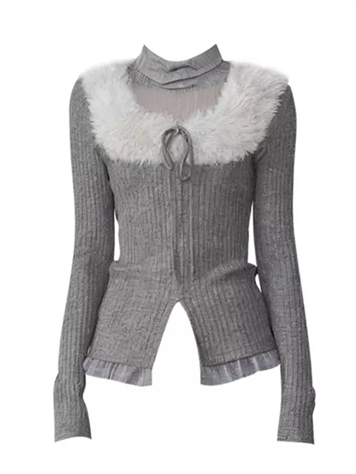 Women's Grey Faux Fur Collar Ribbed Knit Top