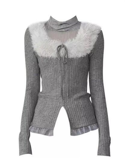 Women's Grey Faux Fur Collar Ribbed Knit Top