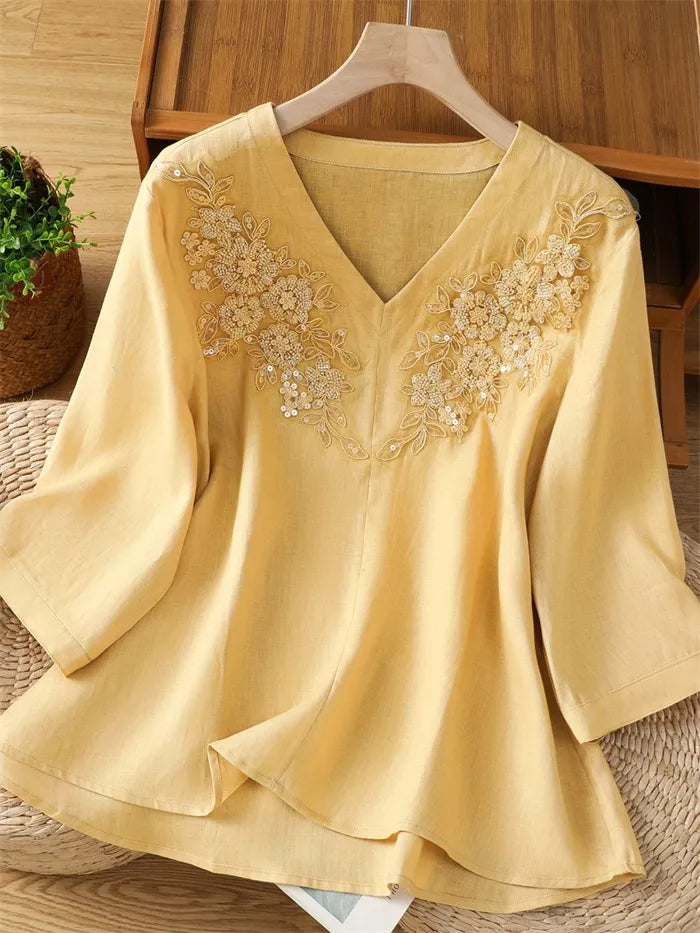 Women's Artistic Light Blue Ramie Blouse Floral Embroidered V-Neck Shirt Beaded Linen Top