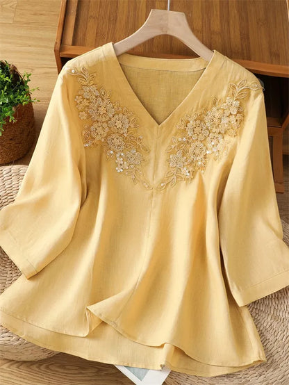 Women's Artistic Light Blue Ramie Blouse Floral Embroidered V-Neck Shirt Beaded Linen Top