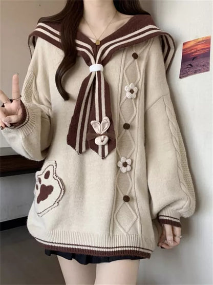 Women's Kawaii Sailor Collar Knit Sweater Cute Paw Print Pocket 3D Flower Pullover