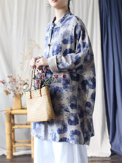 Women's Vintage Chinese Style Blue Batik Print Padded Coat Mid-Length Cotton Linen Jacket with Frog Buttons