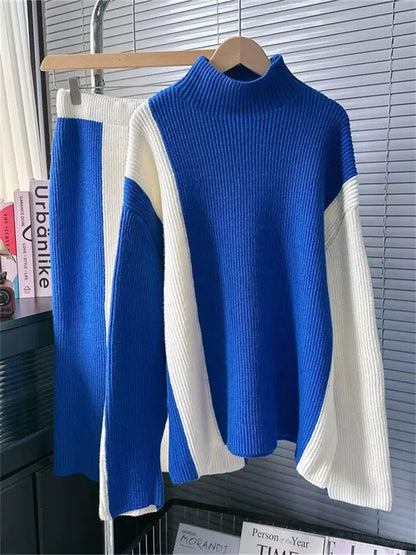 Damen-Set aus farblich abgesetztem Rollkragenpullover und Midirock