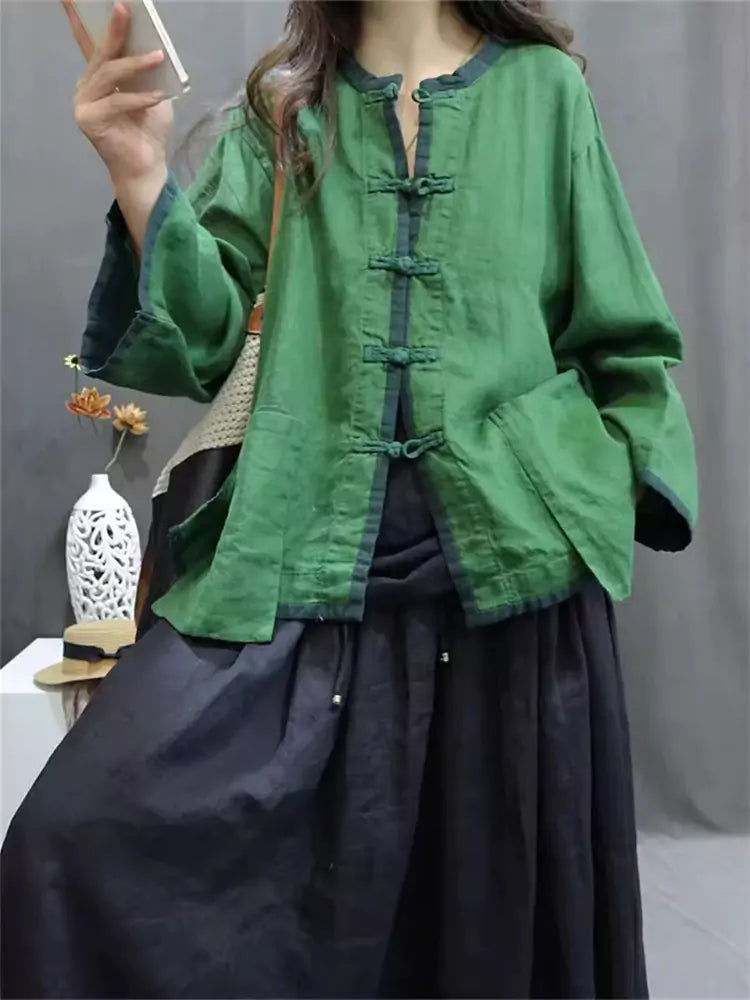 Chic Chinese Style Green Round Neck Loose Fit Linen Blouse