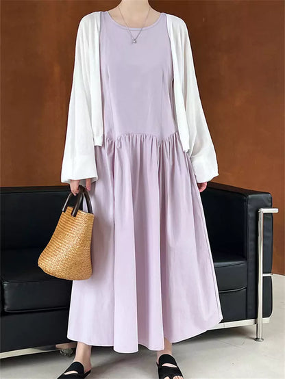 Lila minimalistisches, schickes, plissiertes Tanktop-Maxikleid in A-Linie