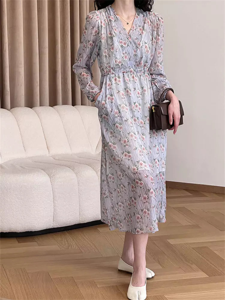 Women's Relaxed Fit Cinched Waist V-Neck Floral Maxi Dress