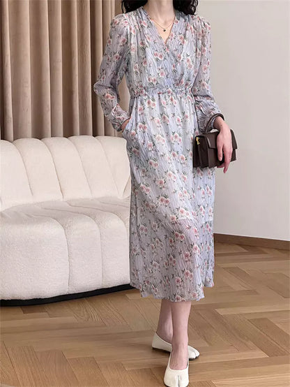 Women's Relaxed Fit Cinched Waist V-Neck Floral Maxi Dress