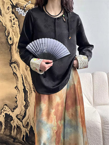 Vintage Inspired Apricot Satin Jacquard Blouse with Chinese Knot Buttons