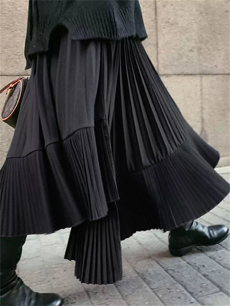 High-Waist Black Pleated Midi Skirt with Irregular Fishtail Hem