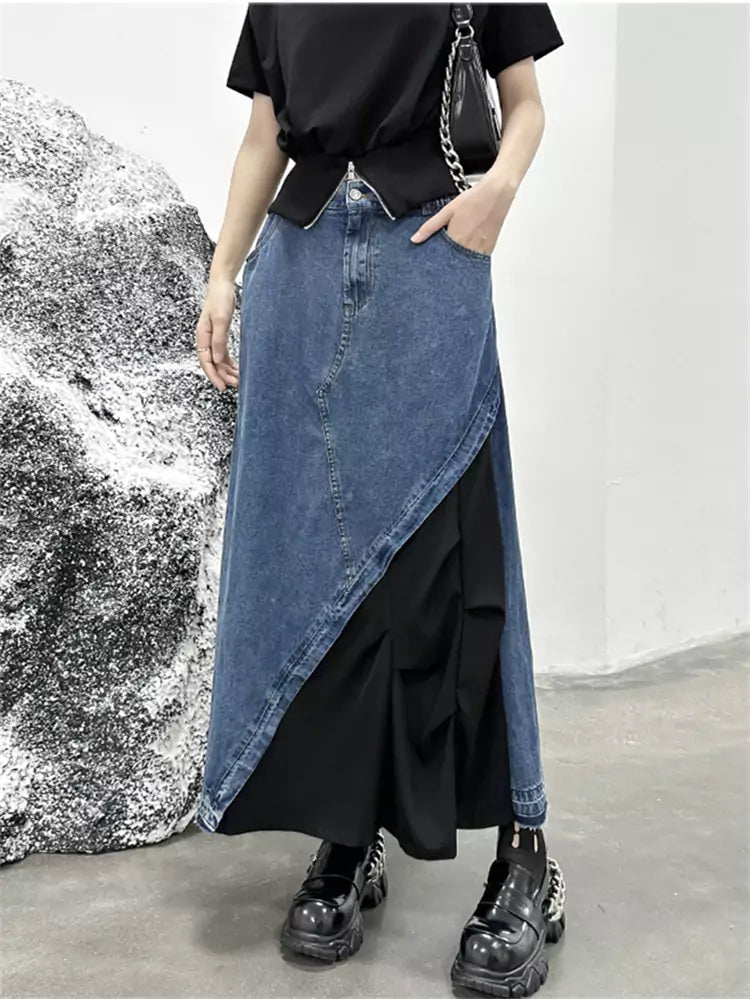 Chic Denim Patchwork Maxi Skirt with Retro Style