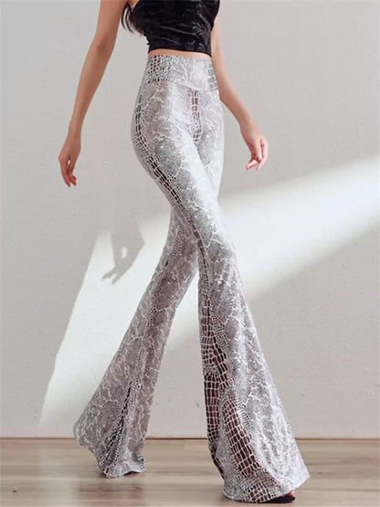 Pantalones acampanados de cintura alta con estampado de serpiente y alta elasticidad, con largo extendido y estampado dorado.