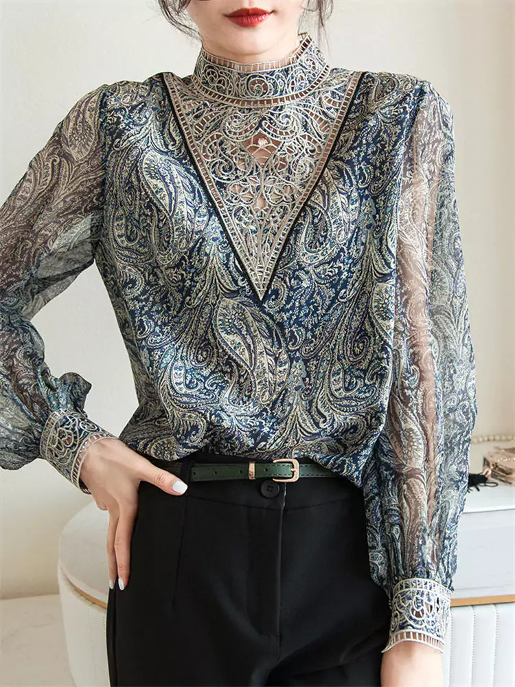 Trendy Print Chiffon Blouse for Women – Lantern Sleeve Top with Delicate Embroidery