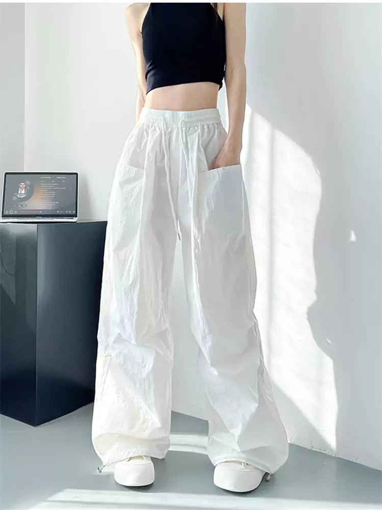 Wide-Leg Summer White Ice Silk High-Waist Loose Cargo Pants for Women