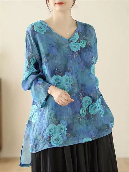 Lässige, langärmelige Ramie-Bluse mit künstlerischem Blumenmuster und V-Ausschnitt für Damen