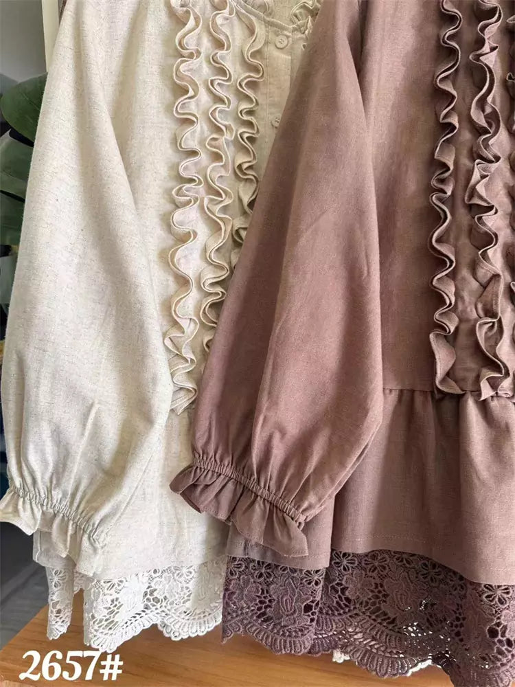 Blusa de lino y algodón con volantes estilo japonés para mujer, manga larga