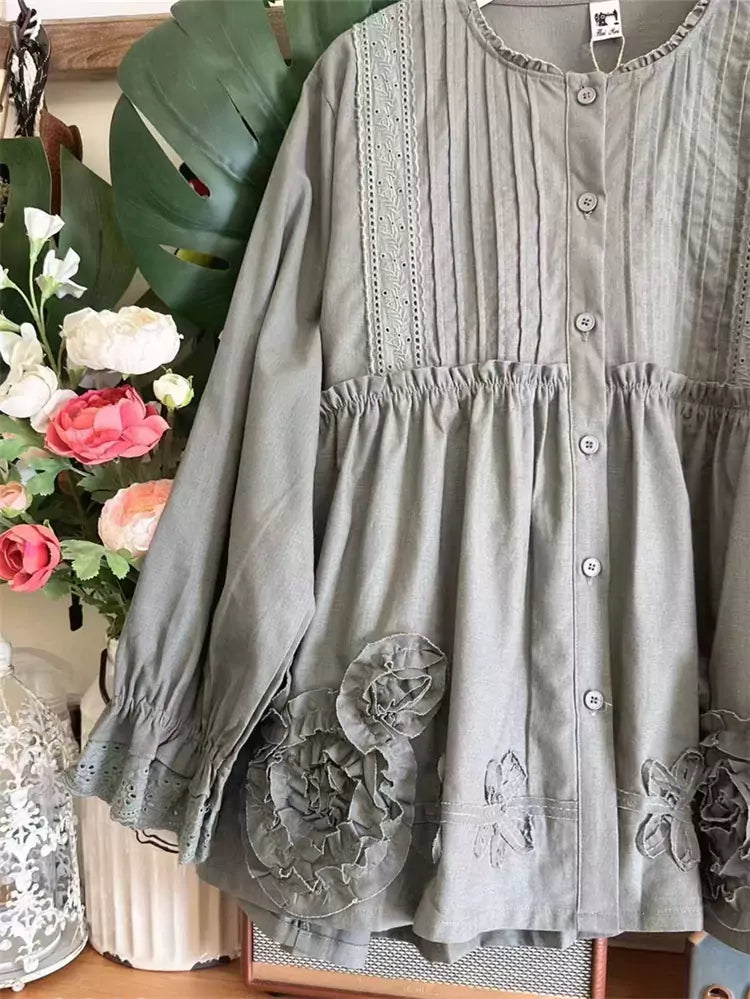 Women's Cotton Accordion Pleated Long Sleeve Heavy Embroidered Babydoll Blouse