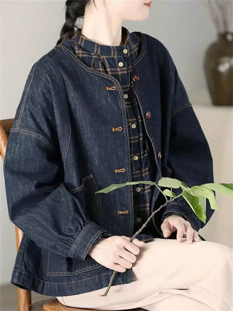 Vintage Artistic Washed Round Neck Cotton Denim Jacket for Women