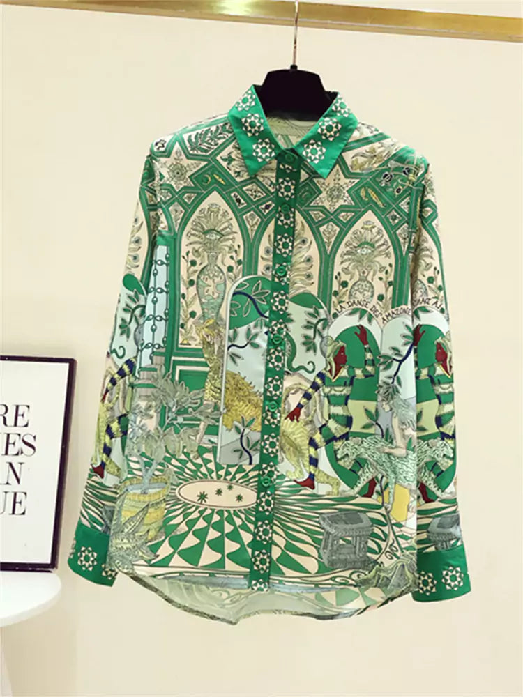 High-End Chiffon Blouse with Retro Print