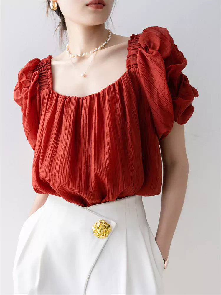 French Style Red Square Neck Chiffon Short Sleeve Shirt for Women