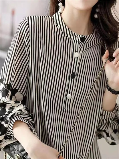 Gestreifte Chiffonbluse mit Laternenärmeln und Printmuster für Damen