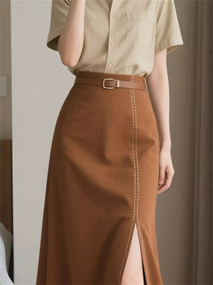 Conjunto elegante de camisa de manga corta y falda tubo retro para mujer