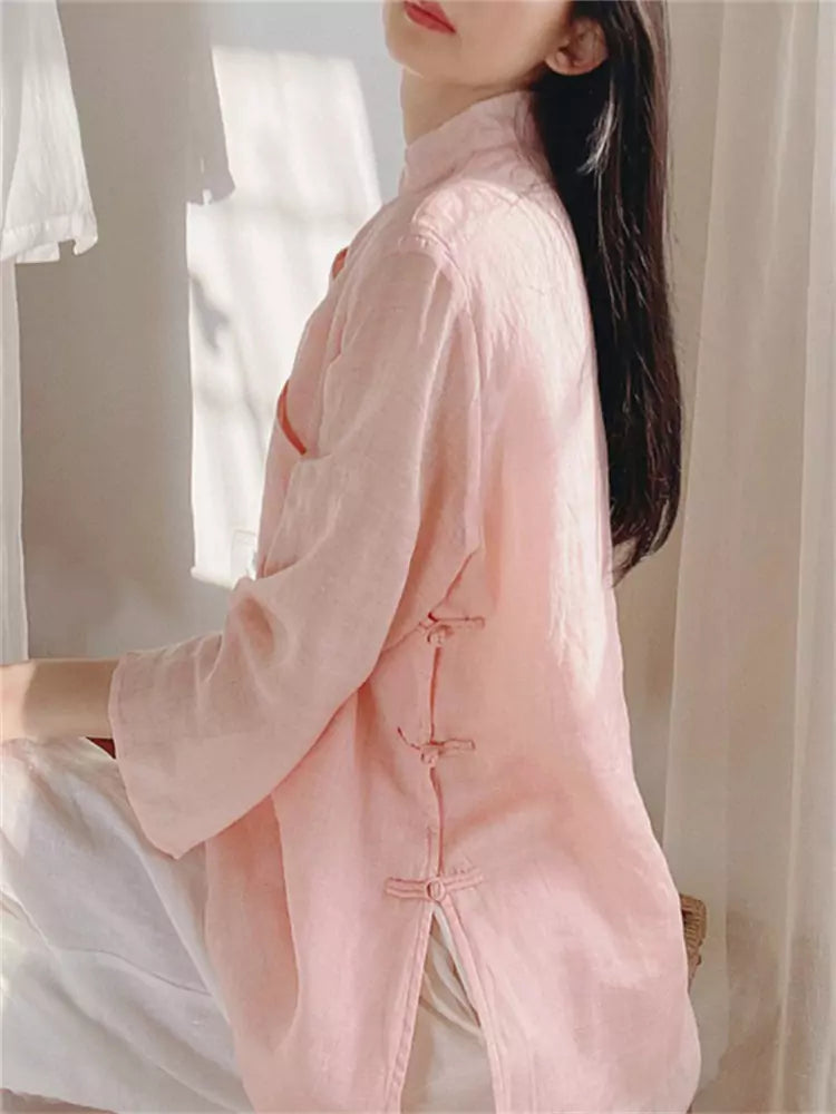 New Chinese Style Diagonal Placket Linen Blouse for Women