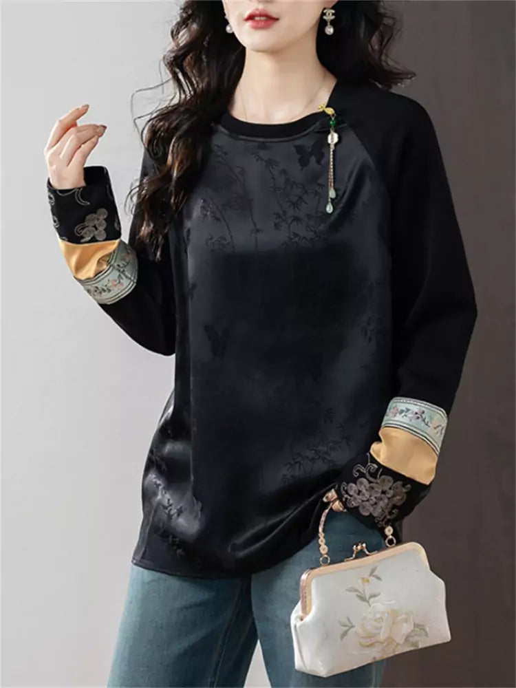 New Chinese Style Jacquard Embroidered Round Neck Long Sleeve Blouse for Women
