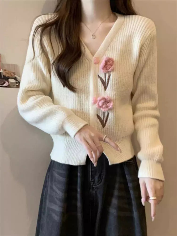 Vintage-Inspired V-Neck Crochet Floral Knit Cardigan for Women