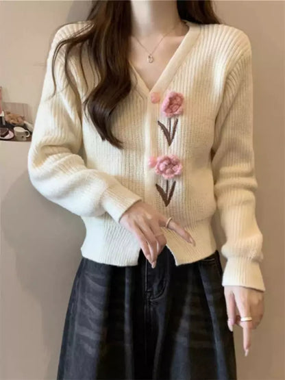 Vintage-Inspired V-Neck Crochet Floral Knit Cardigan for Women