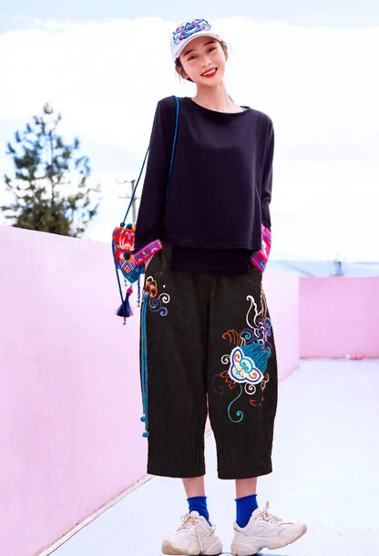 Pantalones bombachos holgados con bordados estilo bohemio para mujer