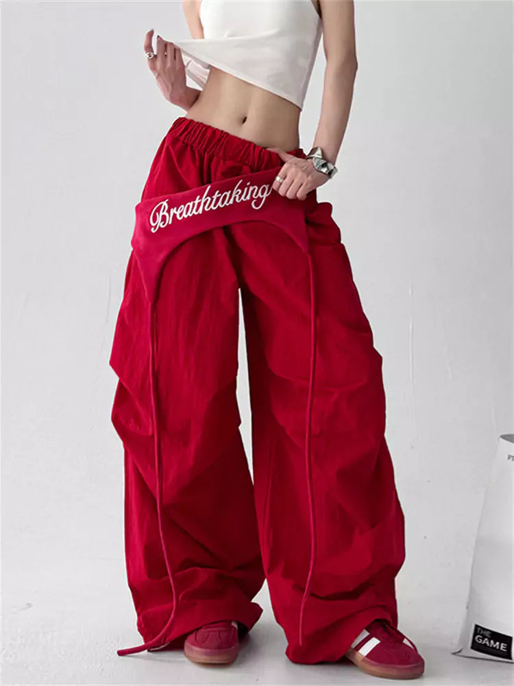American Vintage Red Jazz Streetwear Wide-Leg Pants for Women