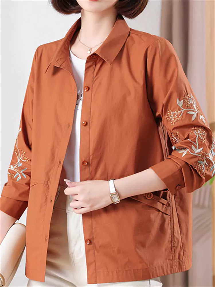 Schickes, besticktes Langarm-Freizeithemd für Damen in großen Größen