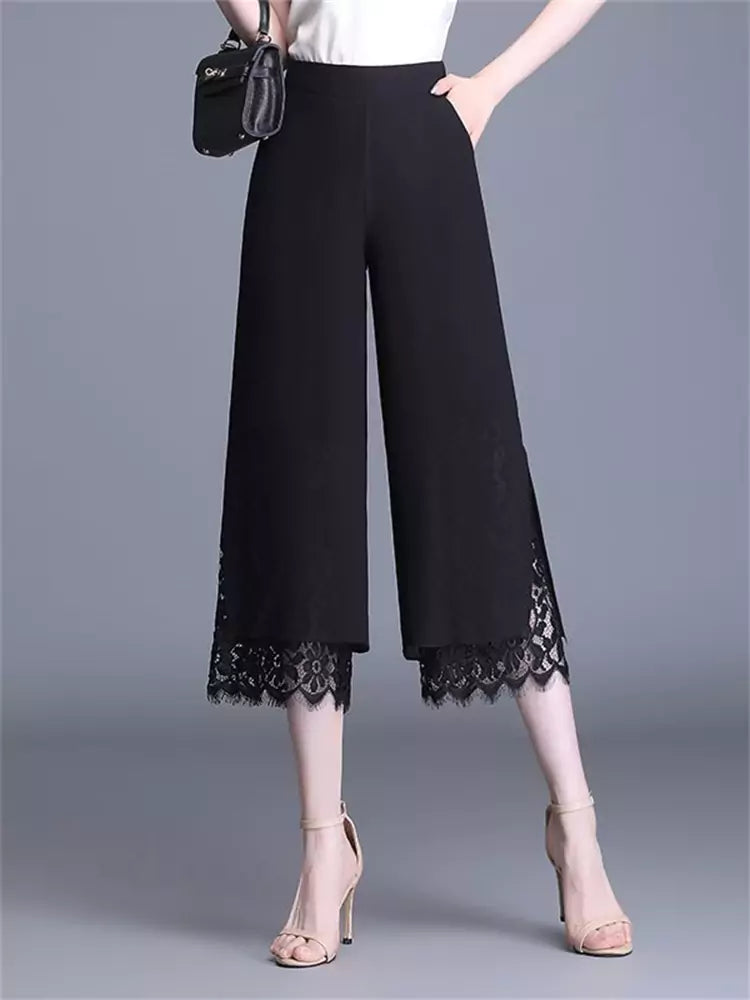 Pantalones rectos cortos de cintura alta con encaje y retazos de gasa elegantes para mujer