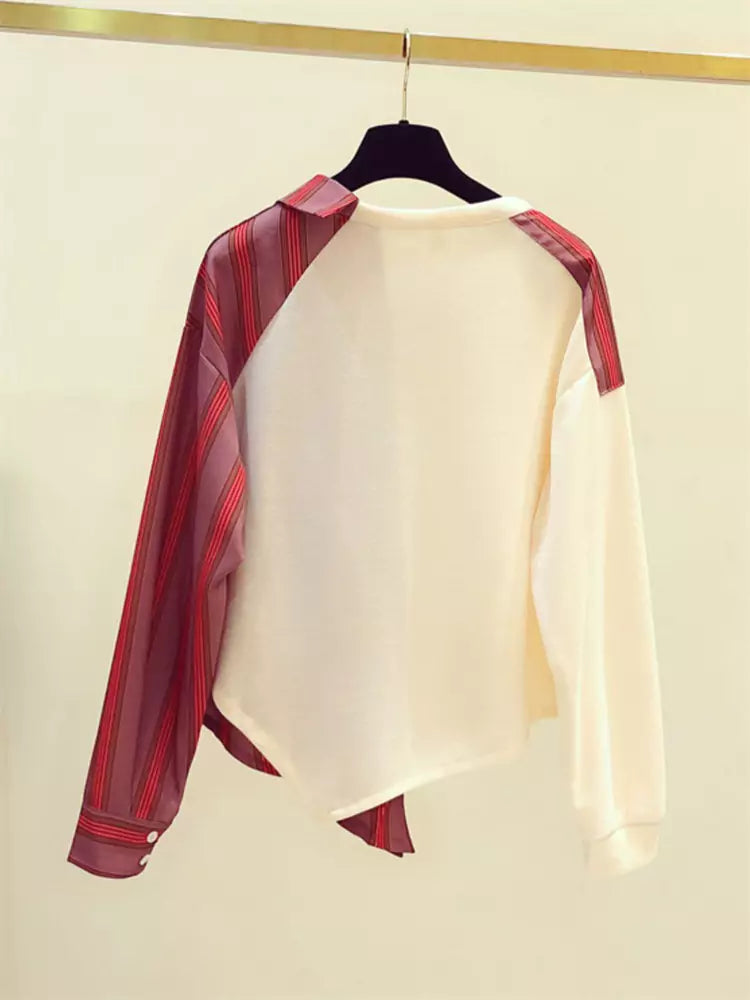 Stylish Lace Up Striped Patchwork Asymmetric Sweatshirt for Women