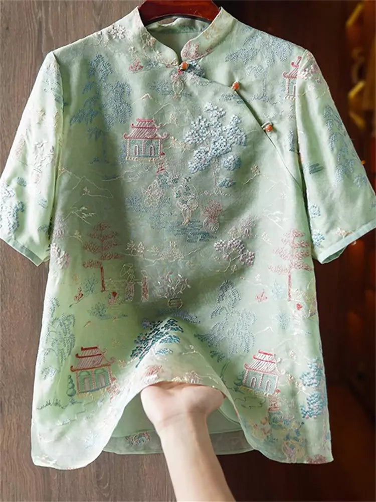 Green Vintage Chinese Style Silk Embroidered Diagonal Placket Blouse for Women