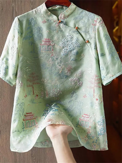 Grüne Vintage-Bluse aus Seide im chinesischen Stil mit diagonaler Knopfleiste und Stickerei für Damen