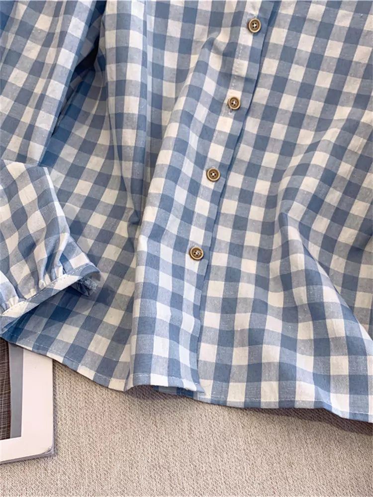 French Style Long Sleeve Plaid Shirt with Lace Trim for Women