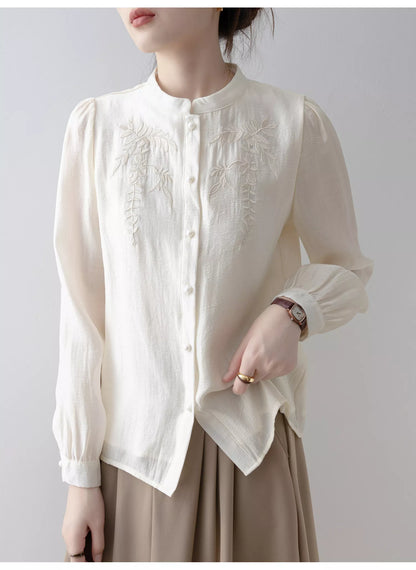 Aprikosenfarbene, bestickte Bluse mit Stehkragen für Damen