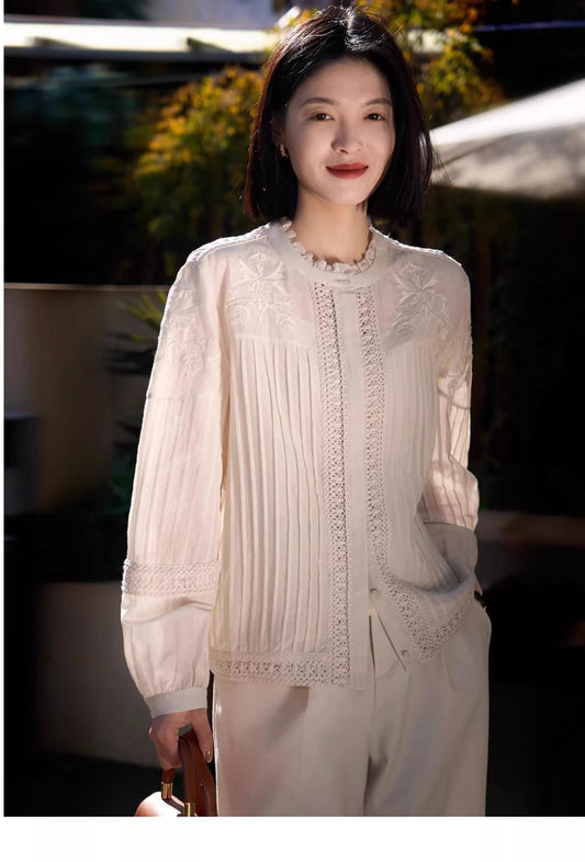 French Style Loose Embroidered Blouse for Women