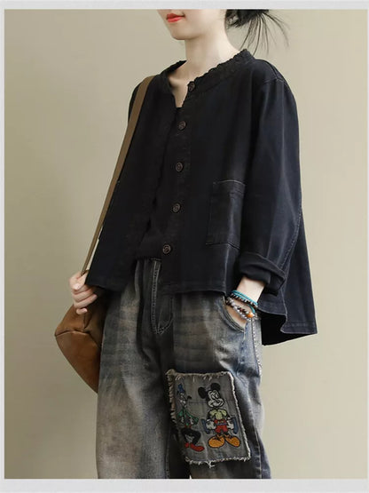 Schwarze, bestickte kurze Damenjacke aus Baumwoll-Denim