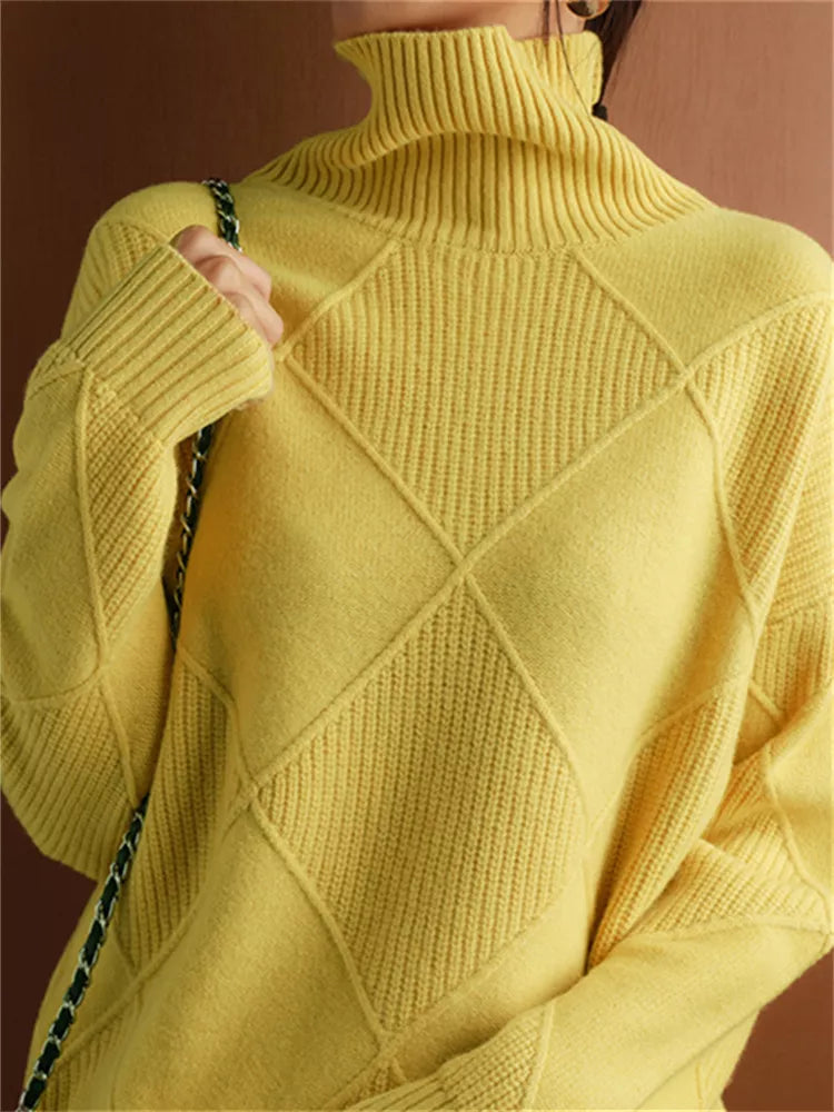 Women’s High-Neck Diamond Knit Pullover Sweater