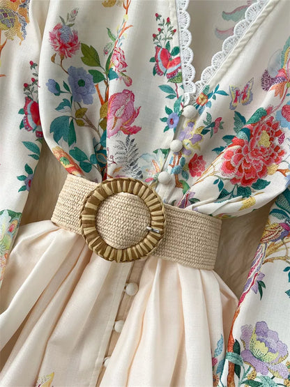 Maxikleid im französischen Stil mit V-Ausschnitt, Spitzenbesatz und Blumenmuster für Damen