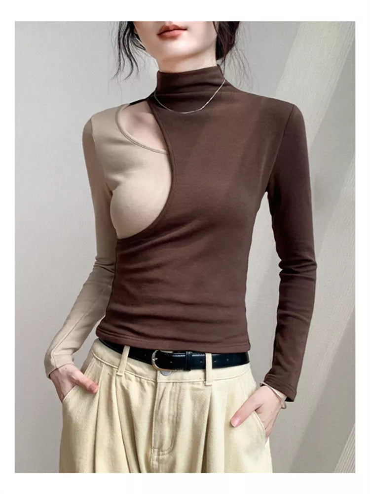 Half-Turtleneck Spliced Hollow Long Sleeve Slim Fit Top for Women