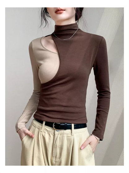 Halb-Rollkragenpullover mit asymmetrischem Saum, langen Ärmeln und schmaler Passform für Damen 