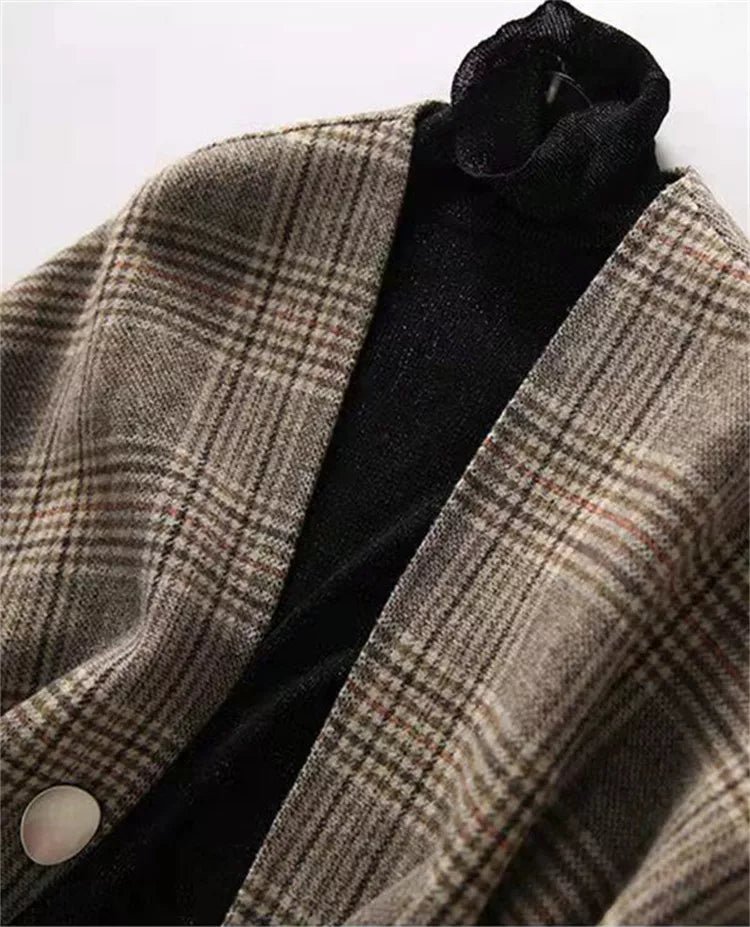 Cárdigan vintage de punto con cuello en V y cuadros para mujer