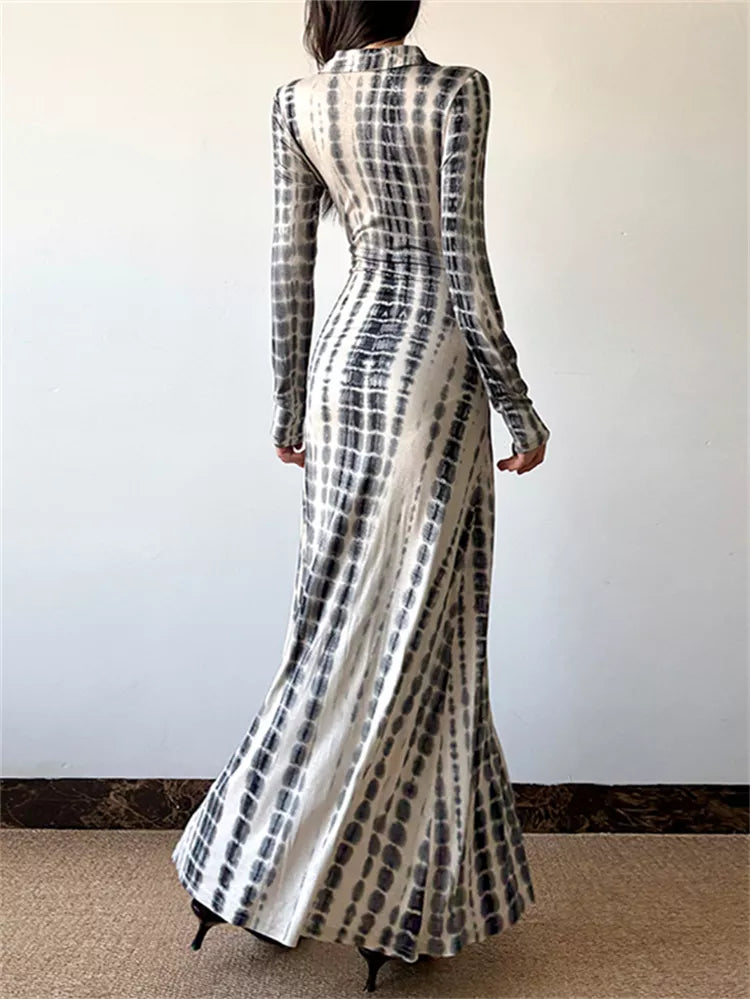 Bedrucktes Damen-Midikleid mit langen Ärmeln und Seitenschlitz